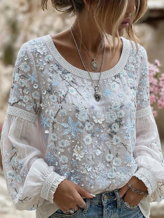 Damer vintage blomstret kunsttrykt uformell topp i bomull-lin