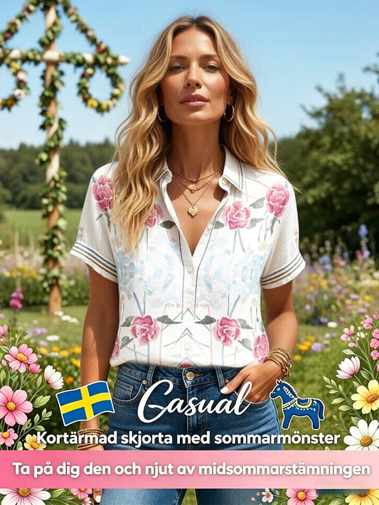 Blomstret kortermet uformell dameskjorte