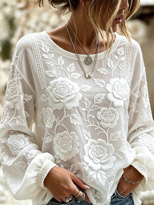Dame vintage blomstret kunsttrykt casual bomull-lin topp
