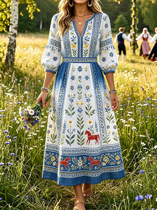 Dame Svensk midtsommer Dalahesttrykk Uformelt mote Bomull-lin V-hals Kjole
