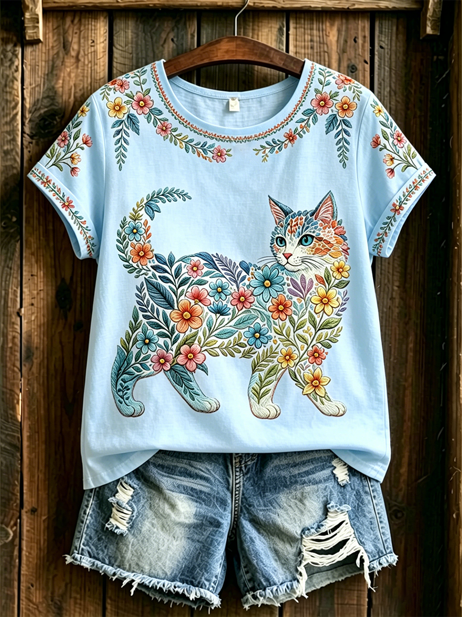 Dams örtblommig kattmönstrad casual t-shirt