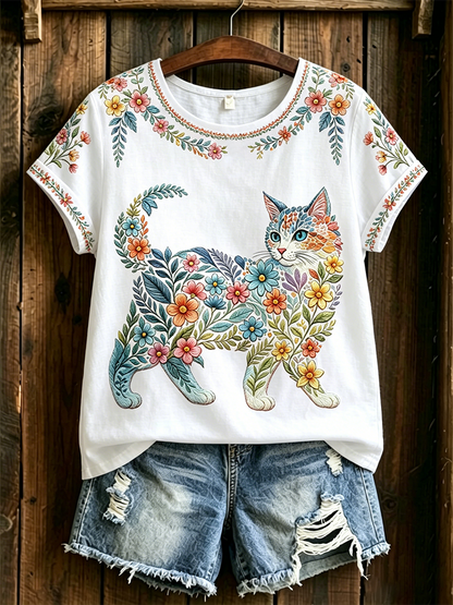 Dams örtblommig kattmönstrad casual t-shirt