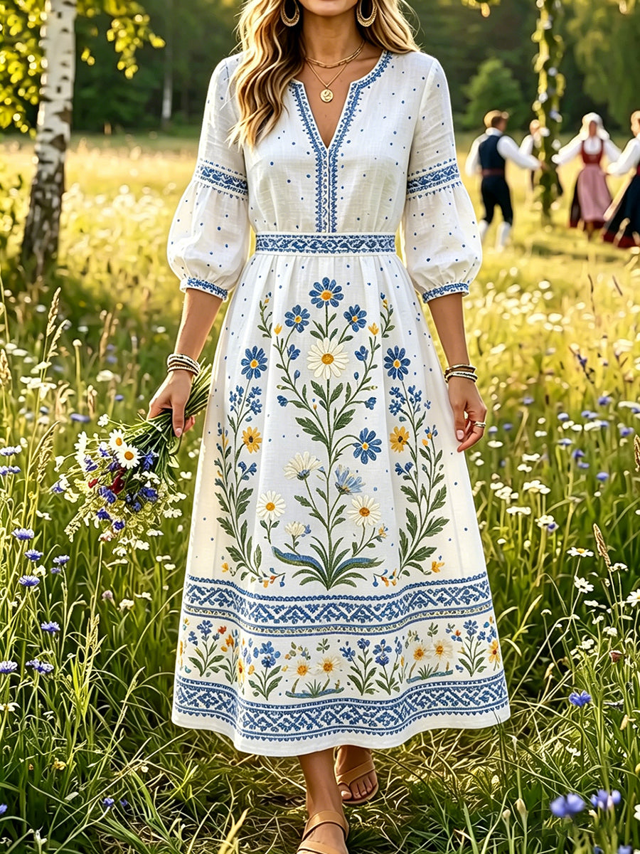 Damer Svensk midsommar Dalahästtryck Casual mode Bomull-linne V-ringning Klänning