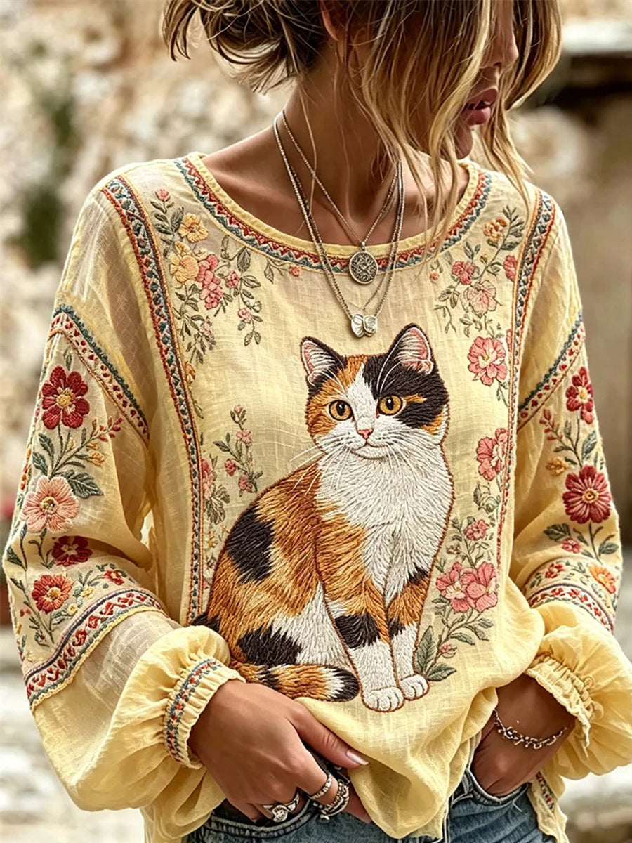 Damskjorta med kattbrodyr och print