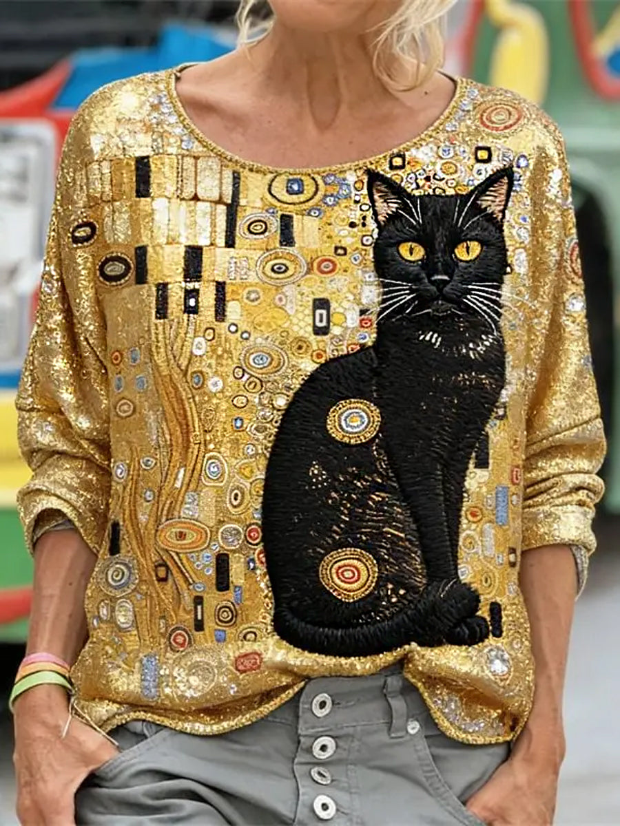 Damsweatshirt med glitter och kattmotiv, svart, långärmad, löst sittande