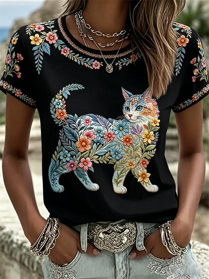 Dams örtblommig kattmönstrad casual t-shirt