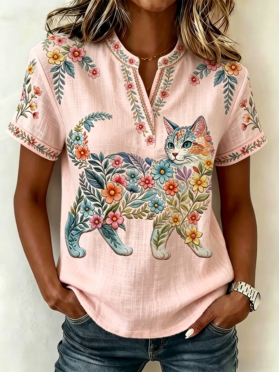 Dams övre del med blommönster och kattmotiv, ledig stil, V-ringning