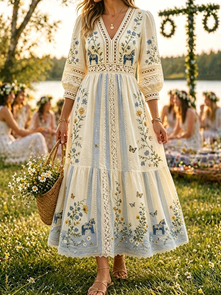 Kvinnors Retro midsommar Stripad Casual bomull-Linen klänning