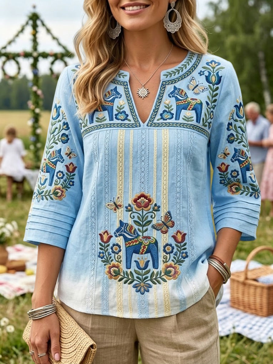 Kvinnor Retro midsommar Stripad Casual bomull-Linen blus