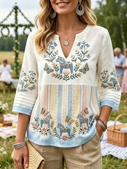 Kvinner Retro midtsommer stripet lappeteppe uformell bomull-lin bluse