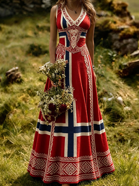 Damekjole i nordisk vikingstil med trykket kunstmotiv