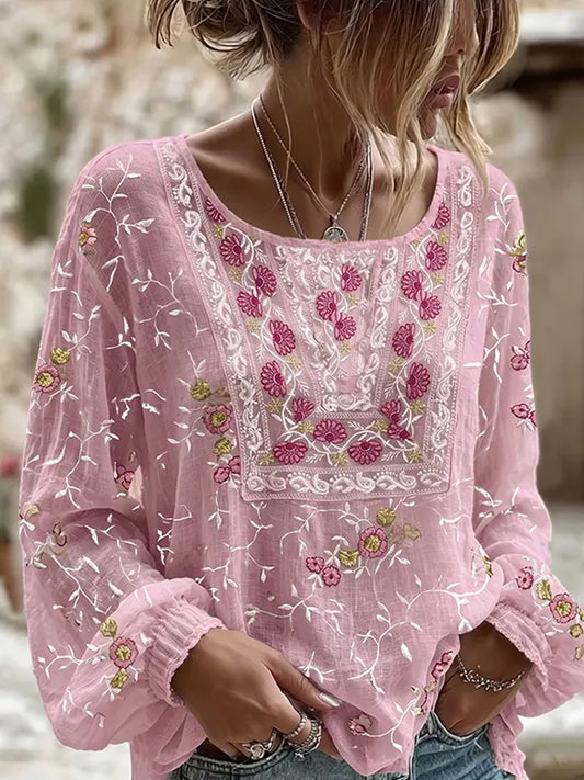 Dame vintage blomstrete kunsttrykt uformell topp i bomull og lin