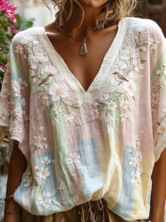 Dame vintage blomstret kunsttrykt casual topp i bomull-lin