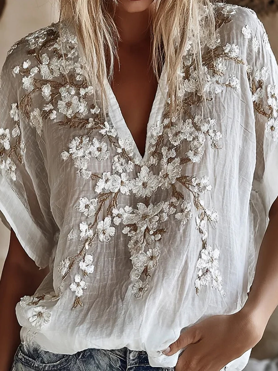 Dams vintage blommig konsttryckt casual topp i bomull-linne