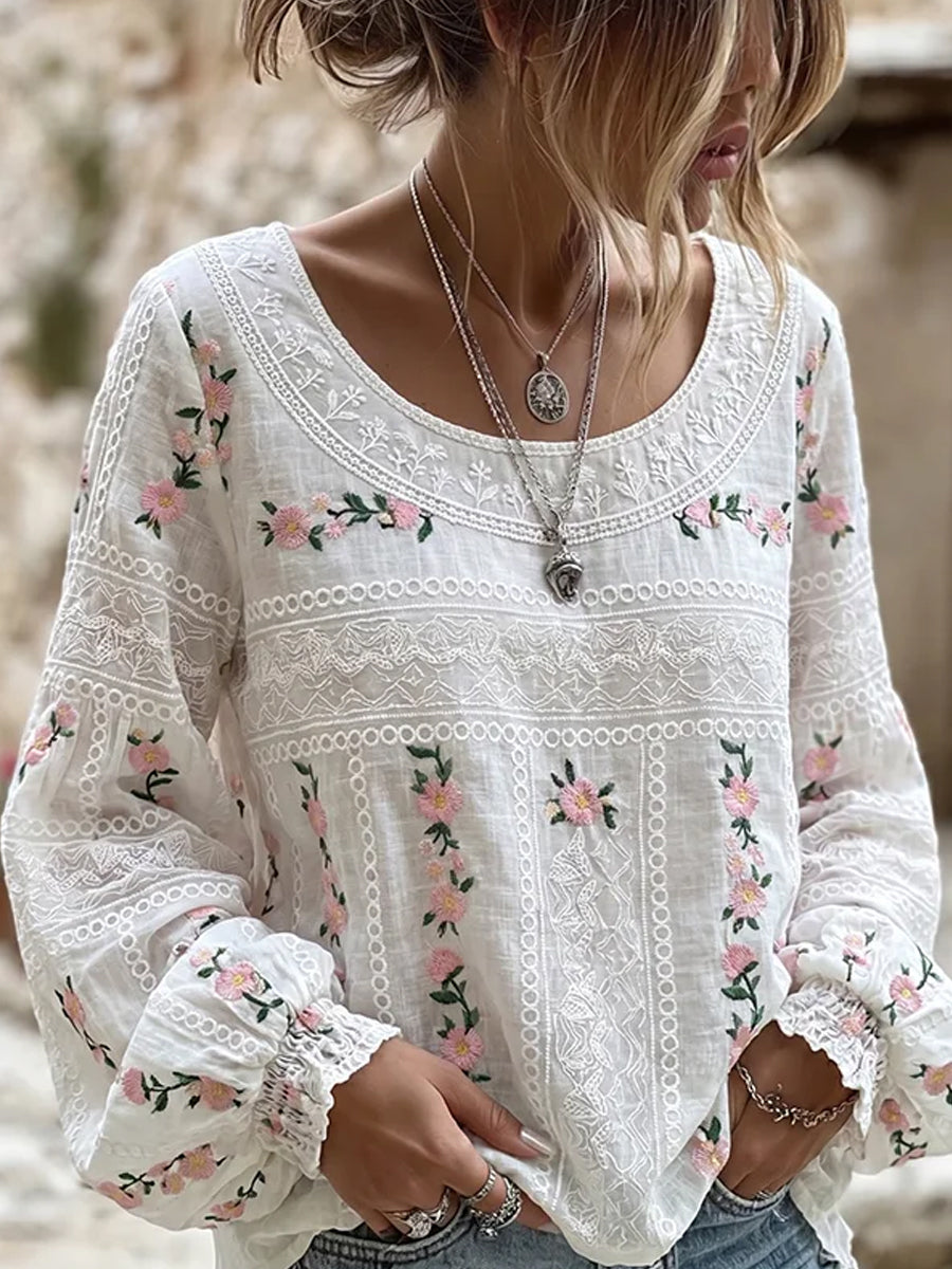 Dams vintage blommig konsttryckt casual topp i bomull-linne