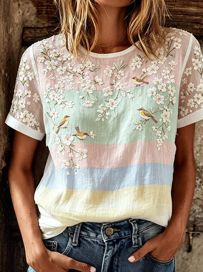 Kvinnors Vintage Floral Art Print Casual T-shirt