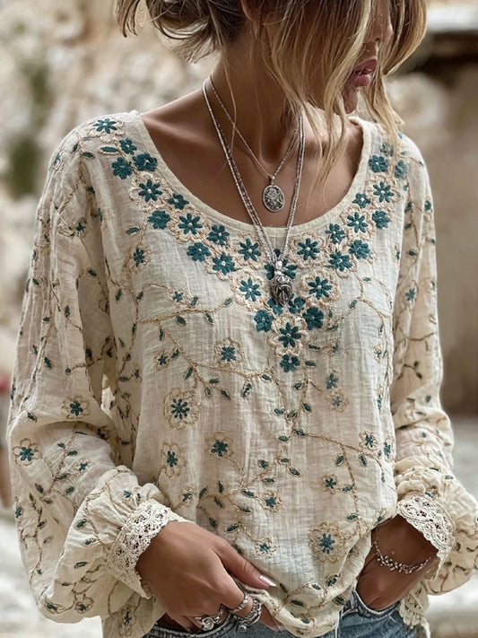 Dame vintage blomstret kunsttrykt uformell topp i bomull-lin