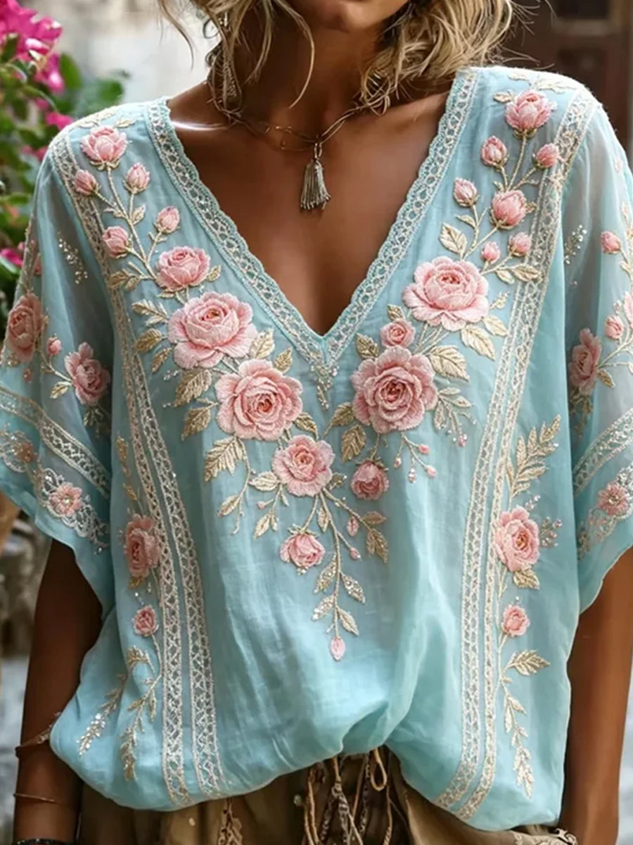 Dams vintage blommig konsttryckt casual topp i bomull-linne