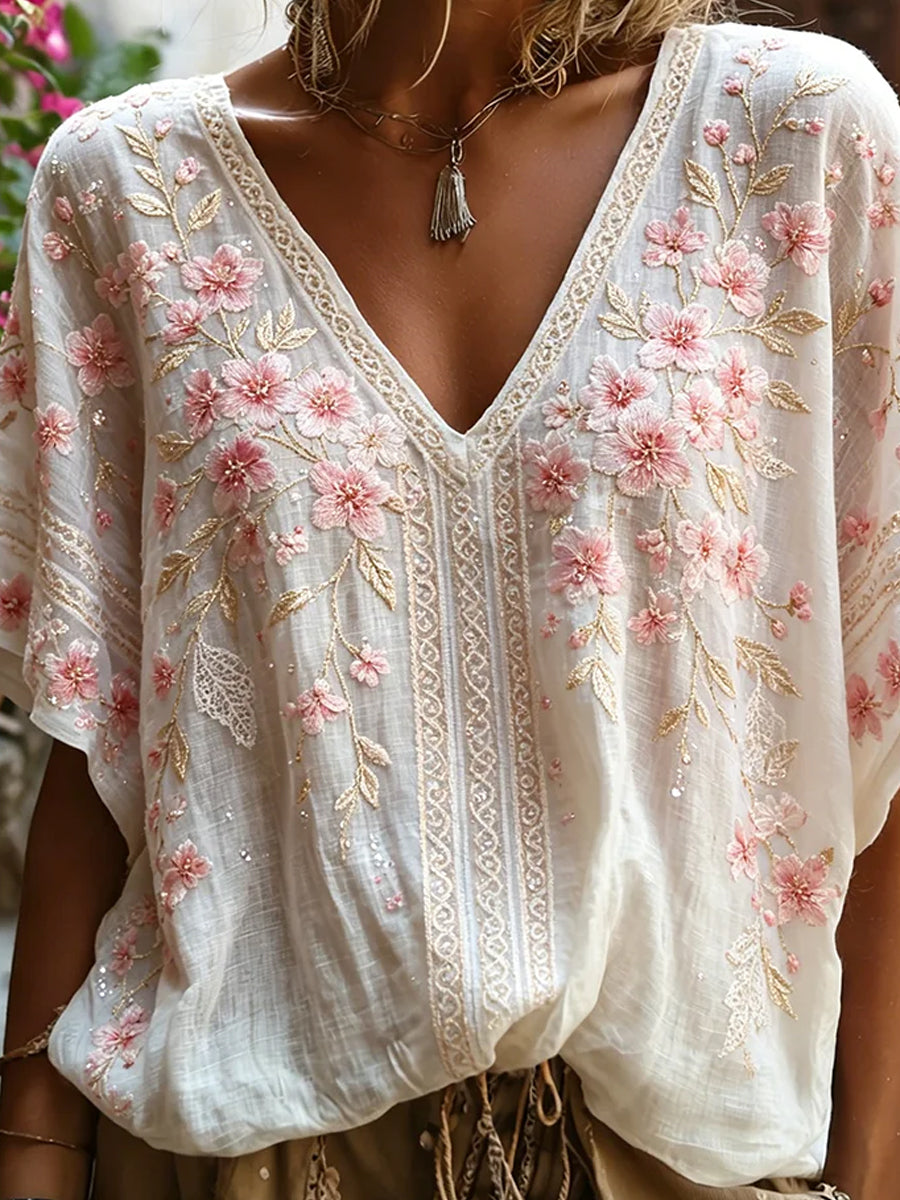 Dams vintage blommig konsttryckt casual topp i bomull-linne