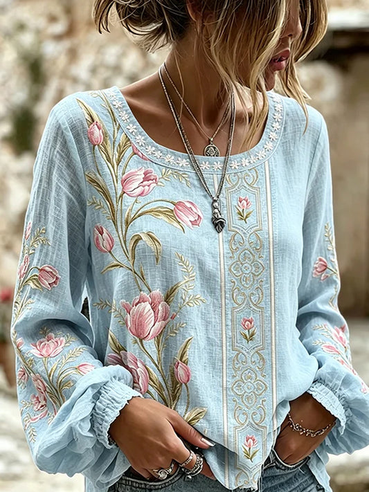 Dame vintage blomstret kunsttrykt uformell topp i bomull-lin