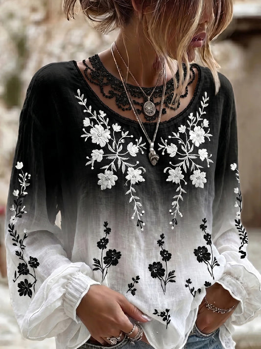 Dame vintage blomstret kunsttrykt uformell bomull-lin topp