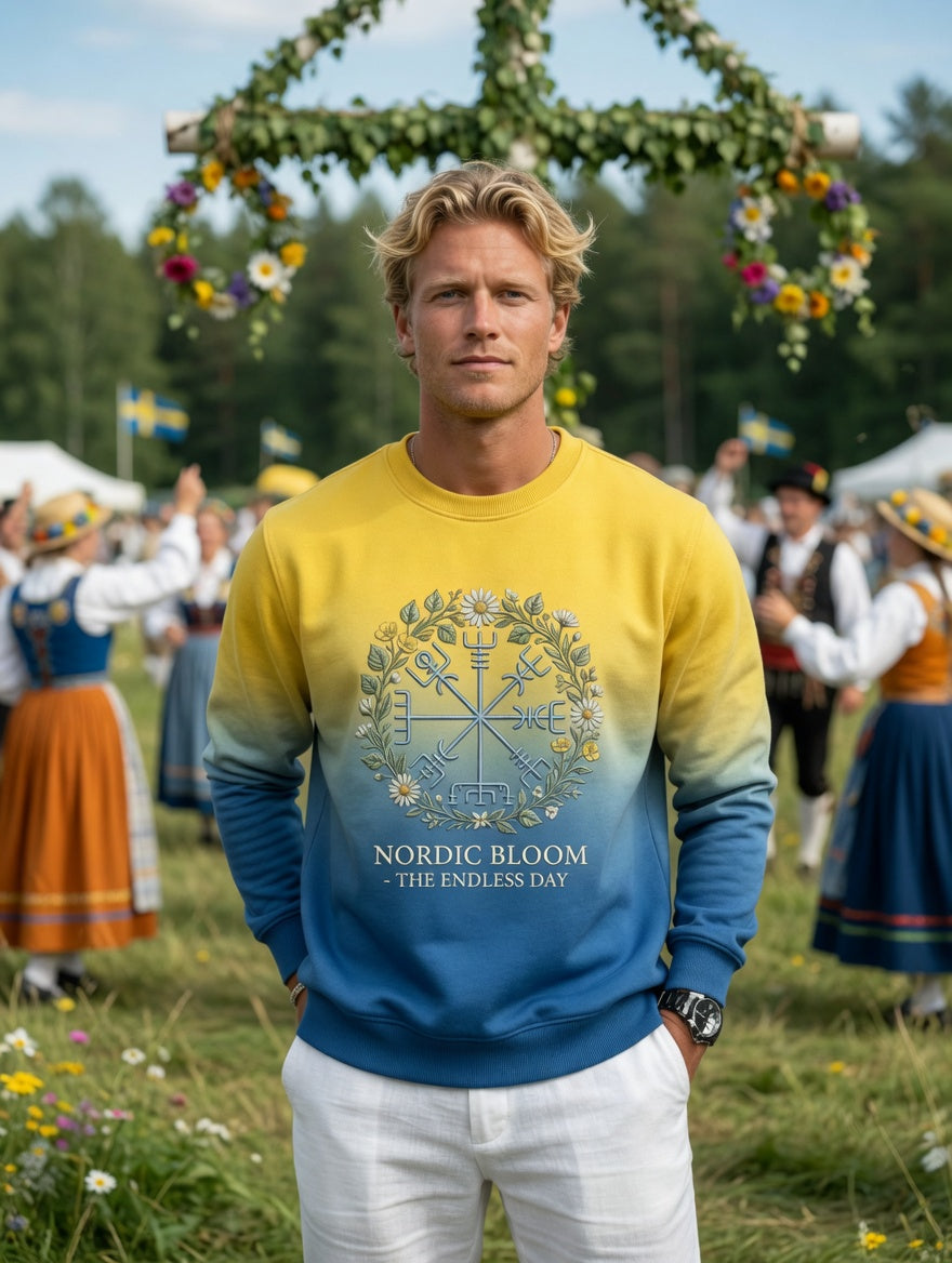 Herrvintage svensk midsommar vegvisir blomkrans långärmad sweatshirt
