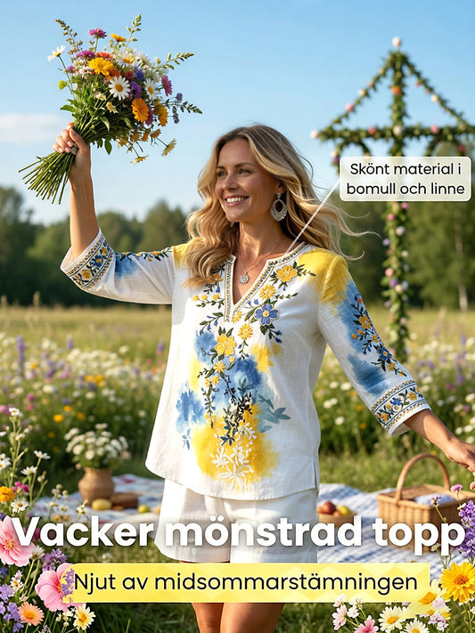 Sommerlig t-skjorte med blomstertrykk og v-hals i lin for kvinner