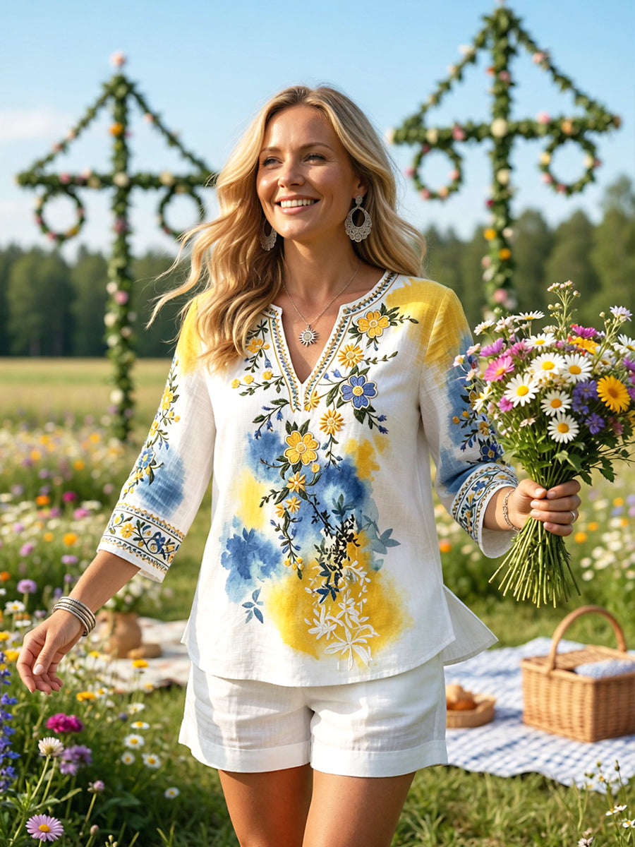 Damsommarblommigt tryckt avslappnat lin-kvistiskt t-shirt med v-ringning