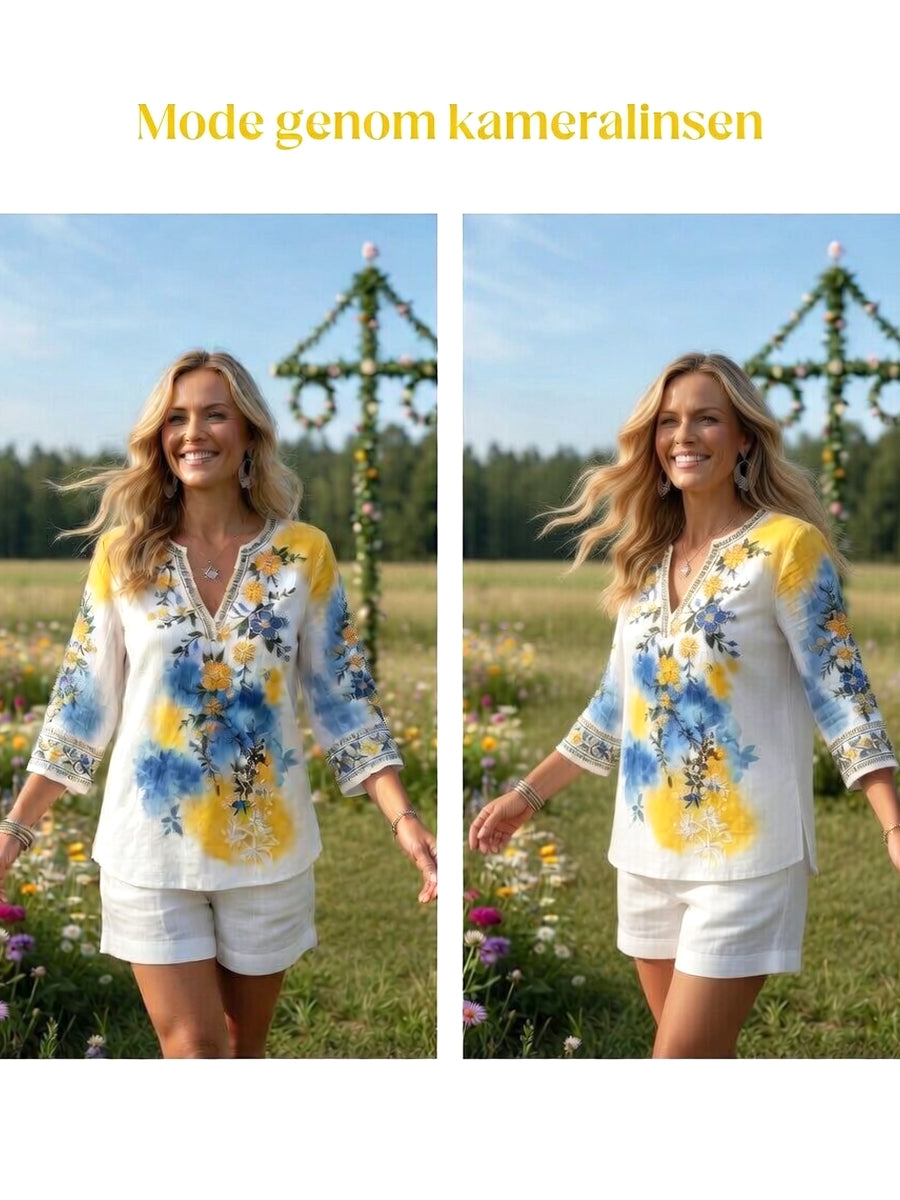 Damsommarblommigt tryckt avslappnat lin-kvistiskt t-shirt med v-ringning