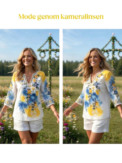 Damsommarblommigt tryckt avslappnat lin-kvistiskt t-shirt med v-ringning