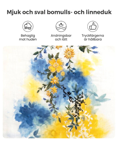Damsommarblommigt tryckt avslappnat lin-kvistiskt t-shirt med v-ringning