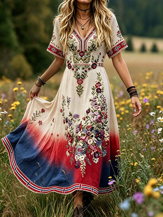 Damekjole i nordisk skandinavisk stil med blomstermotiv og kunsttrykk