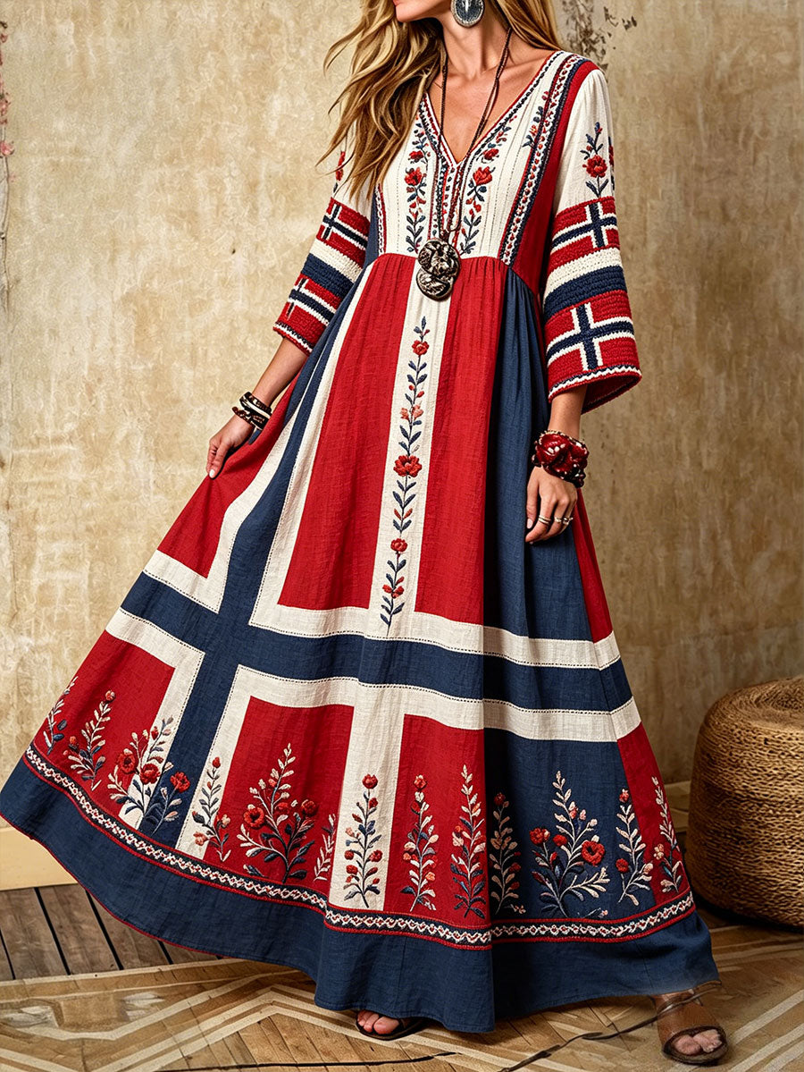 Damekjole i nordisk skandinavisk stil med blomstermotiv trykt på lin
