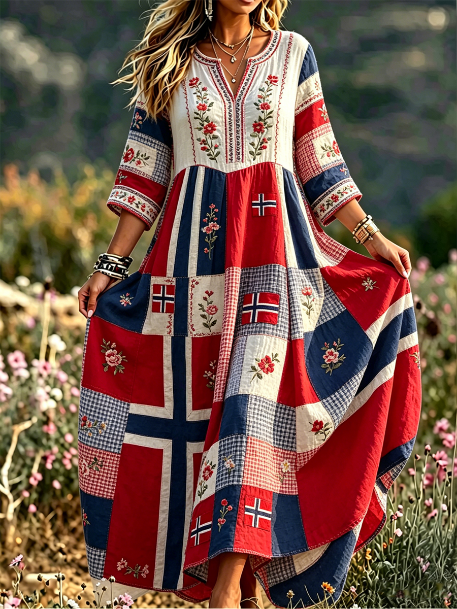 Damekjole i nordisk skandinavisk stil med blomstermotiv trykt på lin