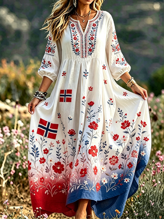 Damekjole i nordisk skandinavisk stil med blomstermotiv trykt på lin