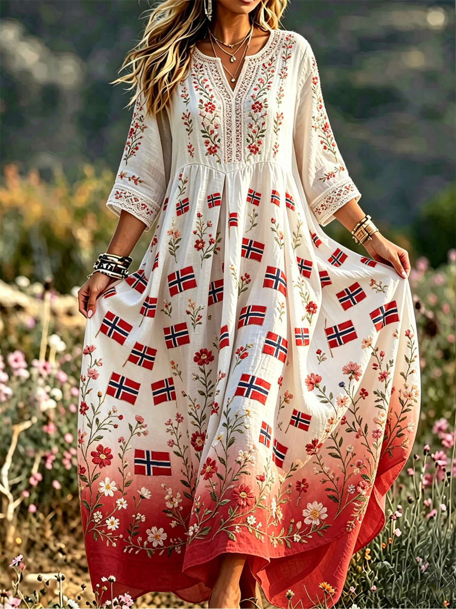 Damekjole i nordisk skandinavisk stil med blomstermotiv trykt på lin
