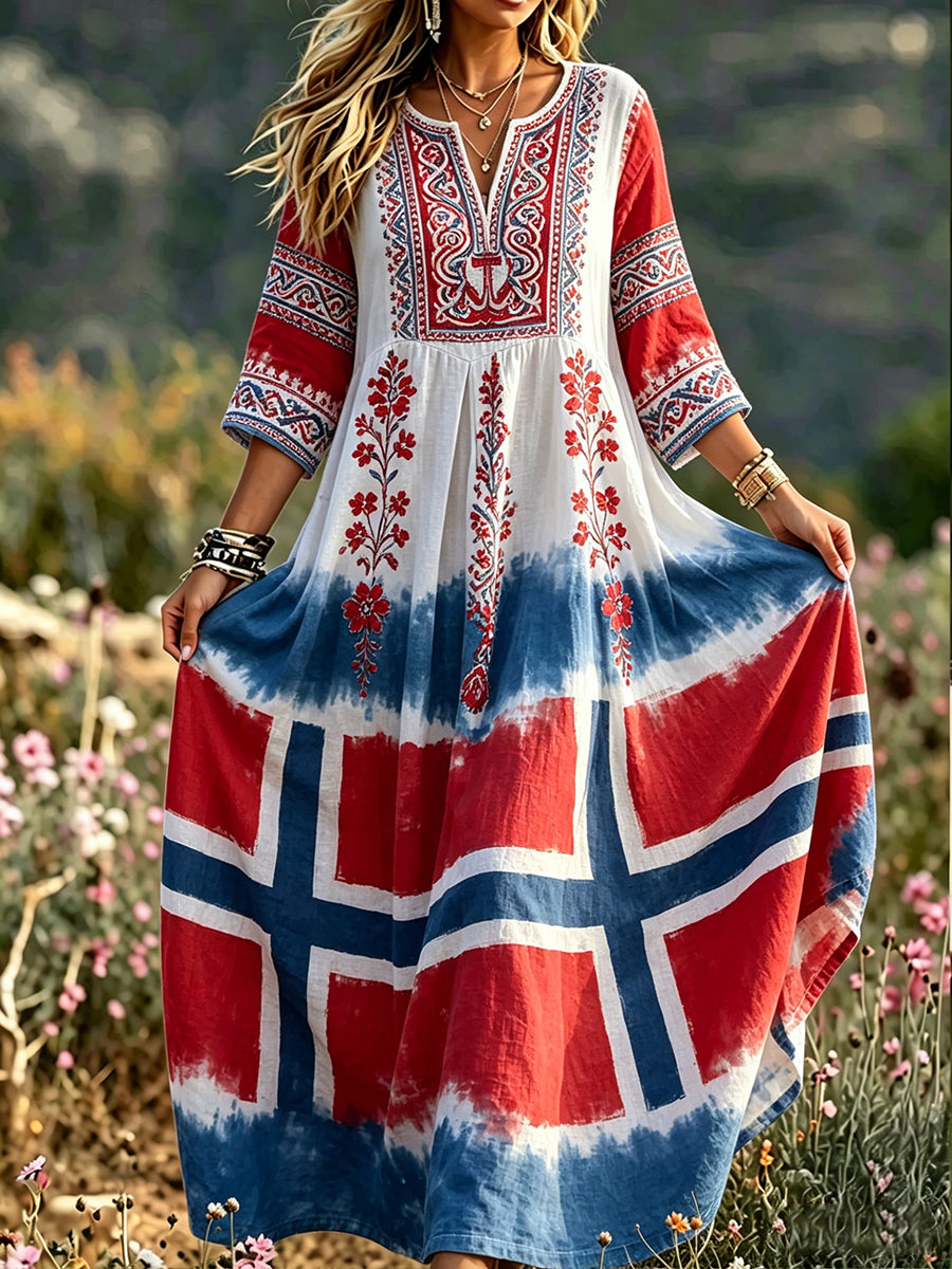 Kvinners retro viking-kjole med blomstermønster og avslappet stil