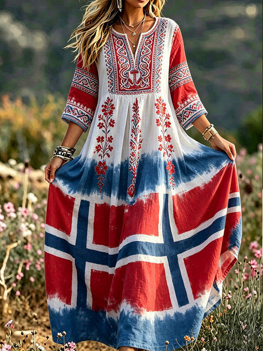 Dame retro vikingkjole med blomstermønster og avslappet stil