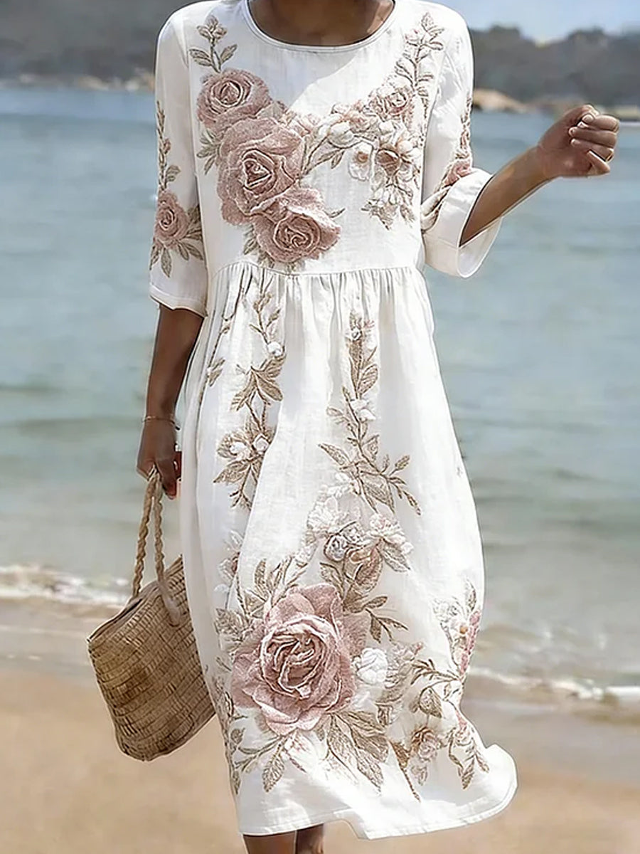 Dams mittlång klänning i vintagestil med blommönster i bohemisk stil, elegant modell i bomull och linne