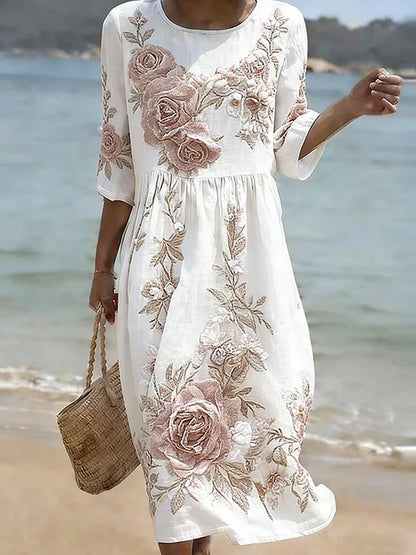 Dams mittlång klänning i vintagestil med blommönster i bohemisk stil, elegant modell i bomull och linne