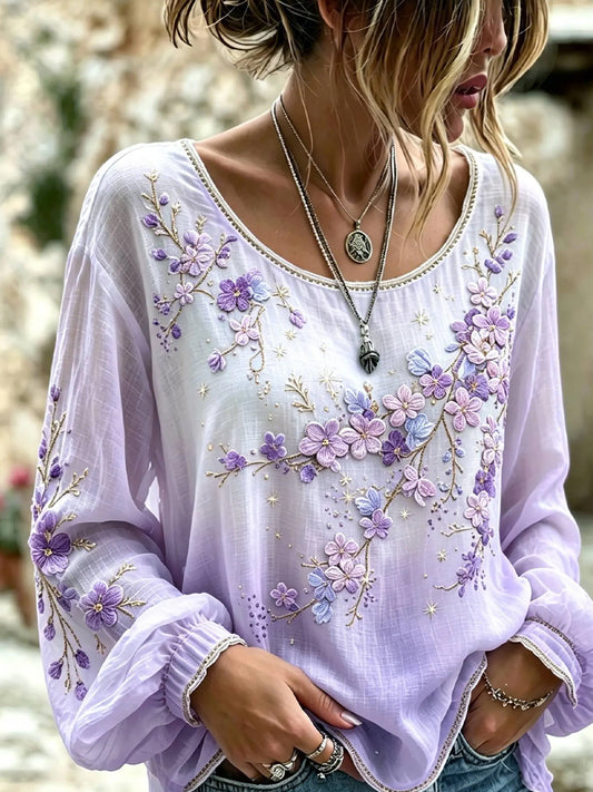 Dame vintage blomstret kunsttrykt uformell topp i bomull og lin
