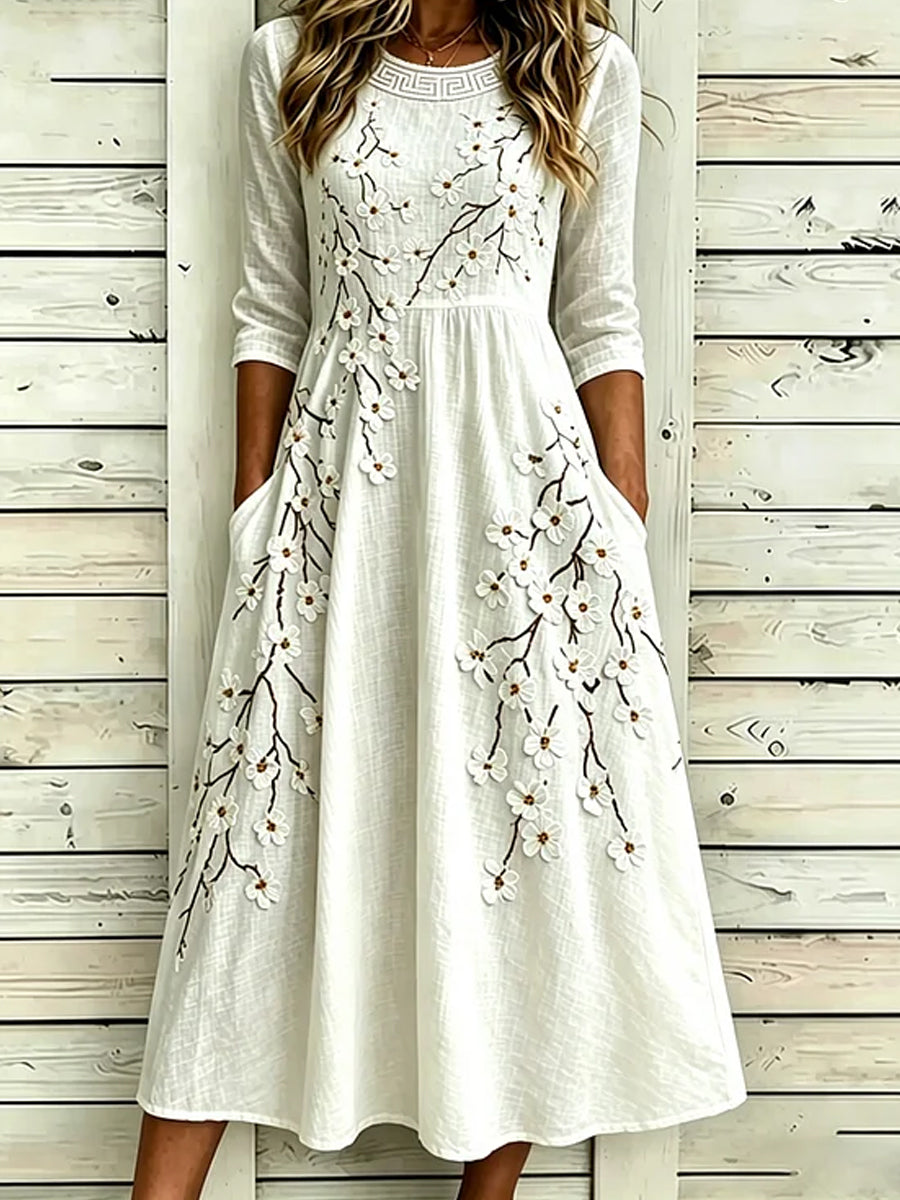 Dams mittlång klänning i vintagestil med blommönster i bohemisk stil, elegant modell i bomull och linne