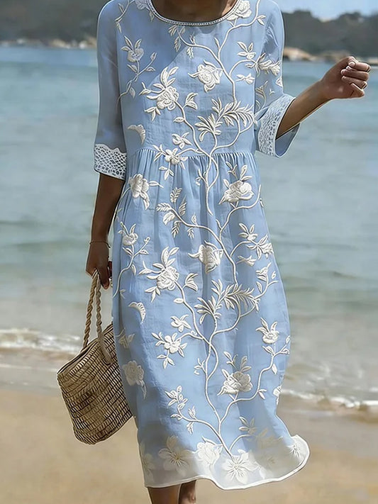 Dams mittlång klänning i vintagestil med blommönster i bohemisk stil, elegant modell i bomull och linne