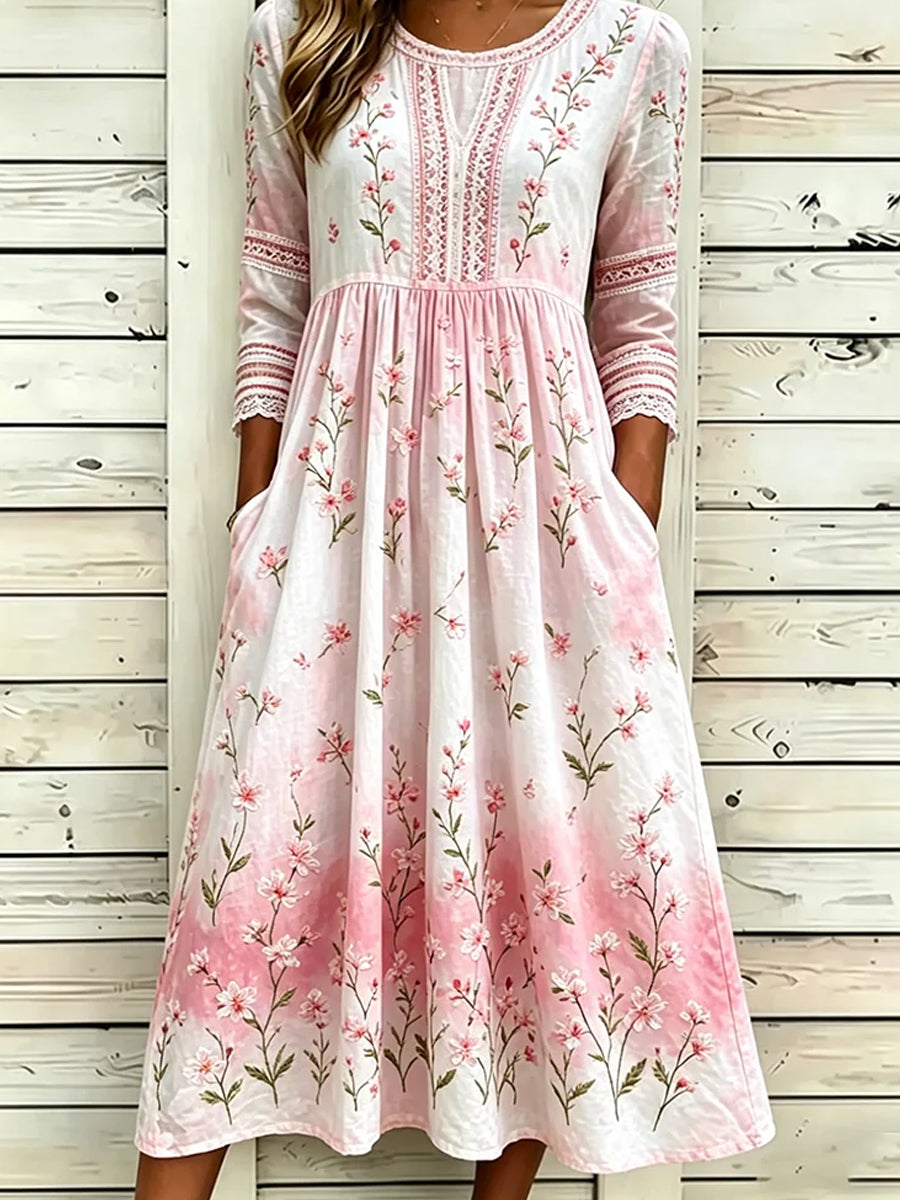 Kvinnors Vintage Floral Bohemian-stil elegant bomull-Linen Midi klänning