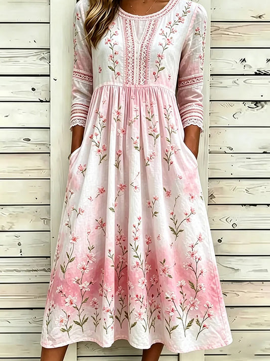 Dame Vintage Floral Bohemian-stil elegant bomull-lin Midi kjole