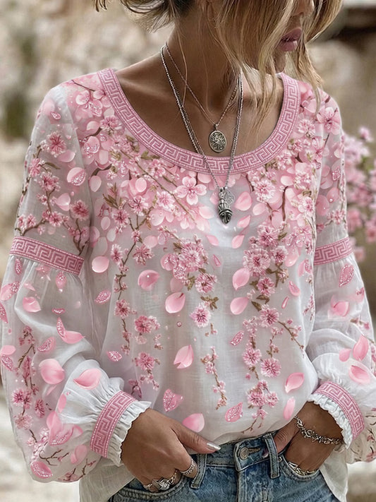 Topp i vintage bomull-lin med blomstertrykk for damer