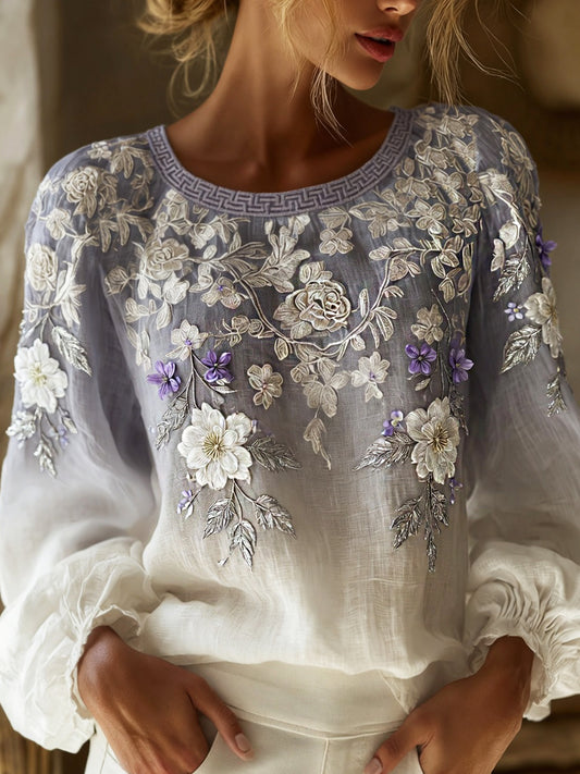 Dame retro blomstret bomull-lin topp med kunsttrykk