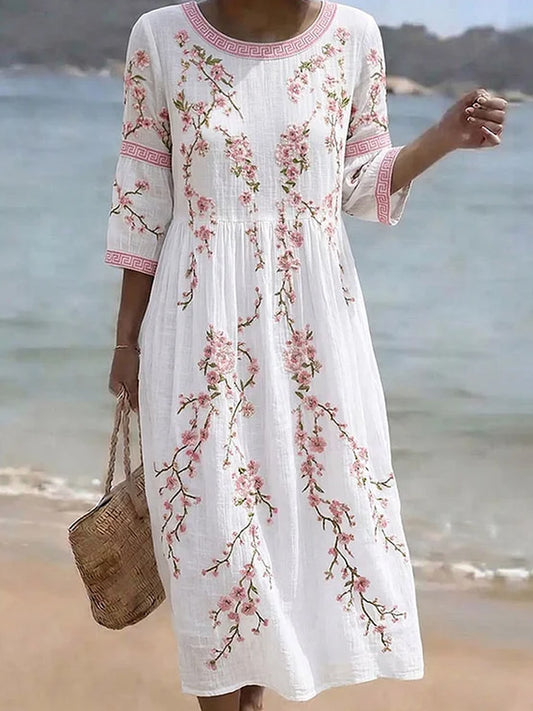 Damelang kjole i vintagestil med blomstermønster i bohemsk stil, elegant modell i bomull og lin