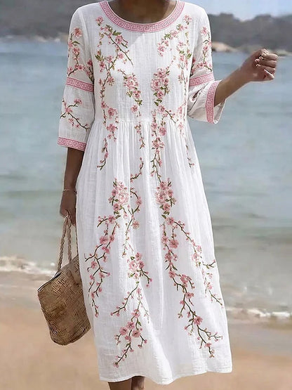 Dams mittlång klänning i vintagestil med blommönster i bohemisk stil, elegant modell i bomull och linne