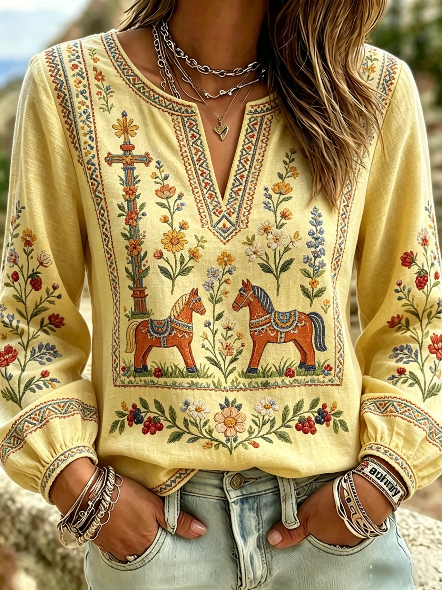 Dams retro svensk midsommarfolkloristisk blus i bomull-linntyg med blommönster